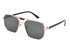 A pair of sunglasses with a metallic frame and dark lenses.