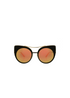 PERFECTION sunglasses with black square acetate frame, rose gold accents, and cherry powder mirror polarized lenses, offering 100% UV protection.