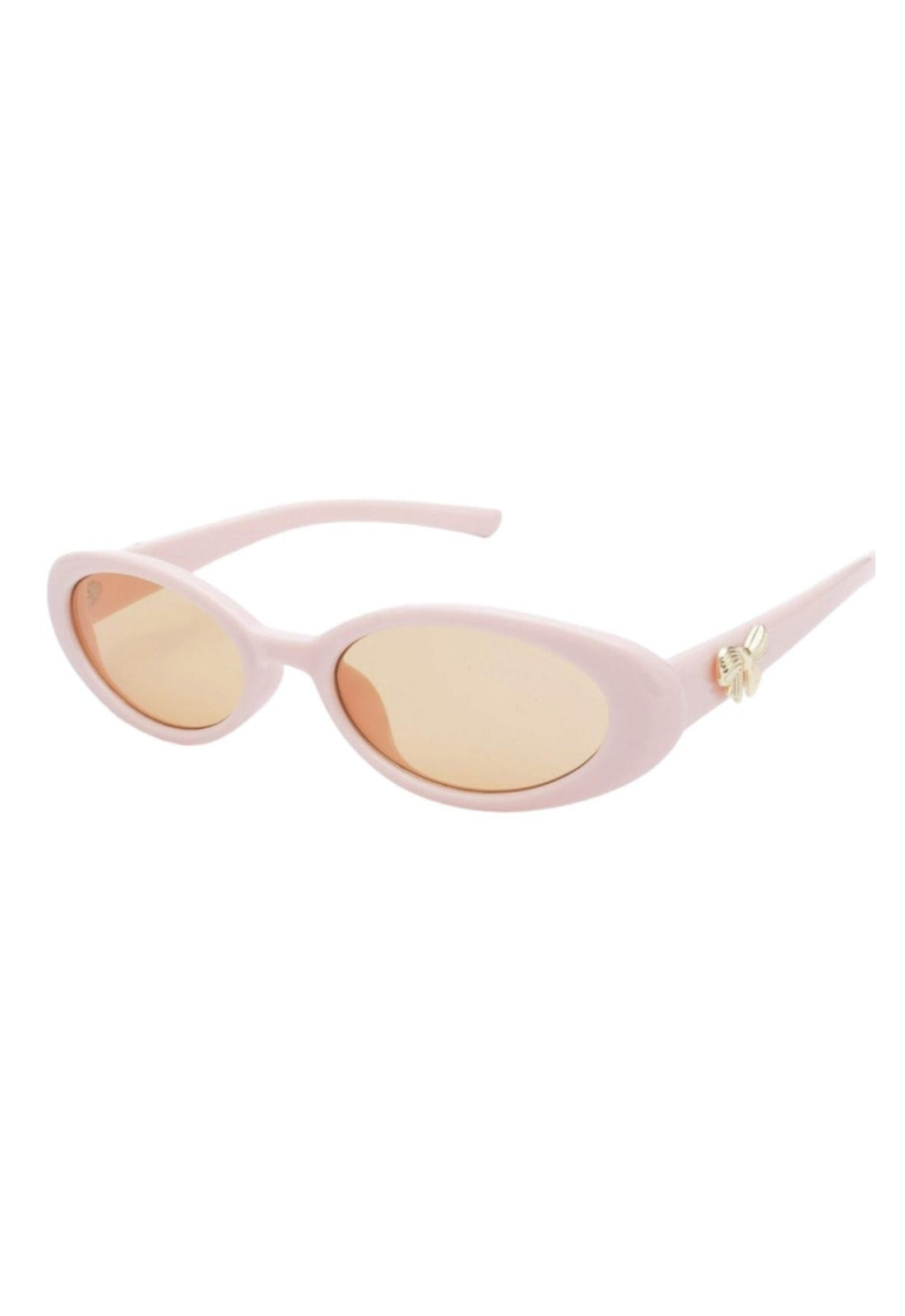 Pink sunglasses with gold lenses and a gold bow