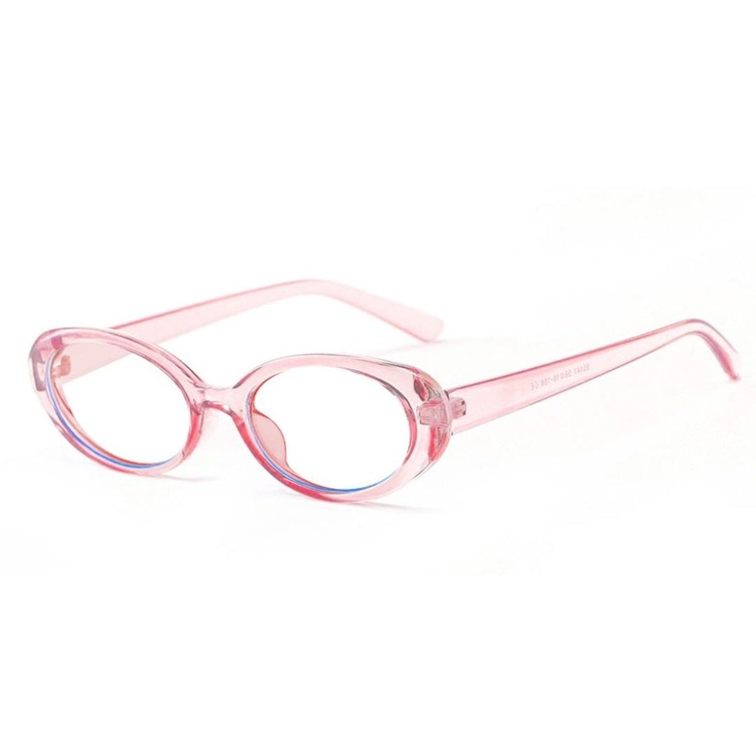 A pair of round frame pink blue light protective eyeglasses