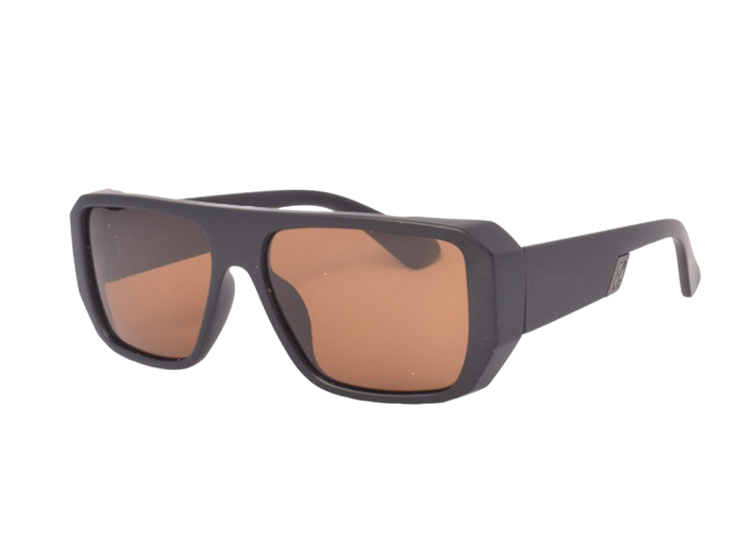 A pair of black sunglasses with brown lenses.
