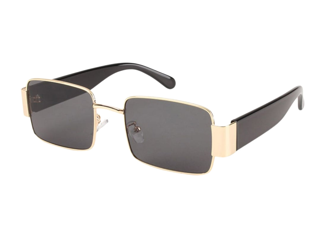 A pair of rectangular-framed sunglasses with black arms and gold detailing.