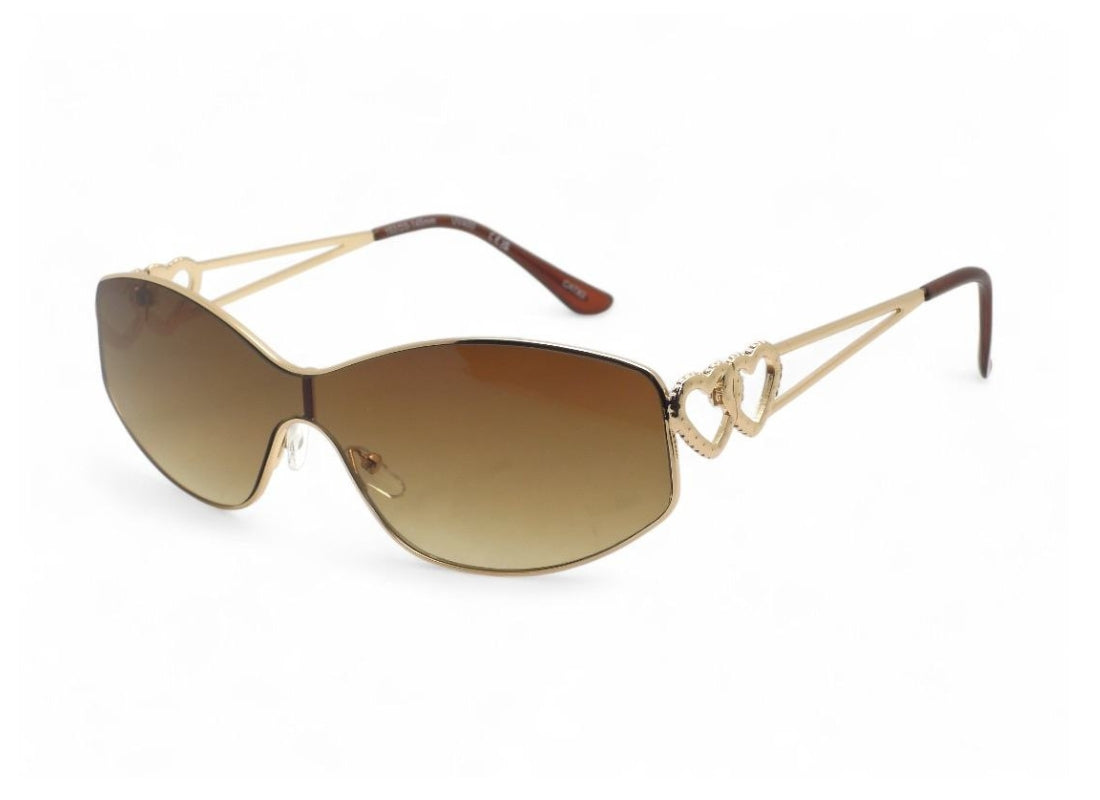 A pair of gold-colored sunglasses with a unique design, featuring UV protection lenses.