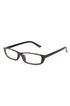 A pair of square-framed eyeglasses with black temples and clear lenses.