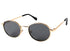 A sleek round metal frame in polished gold.